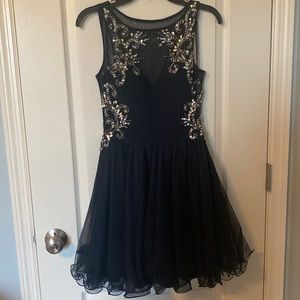 Navy Jeweled Mesh Homecoming Dress